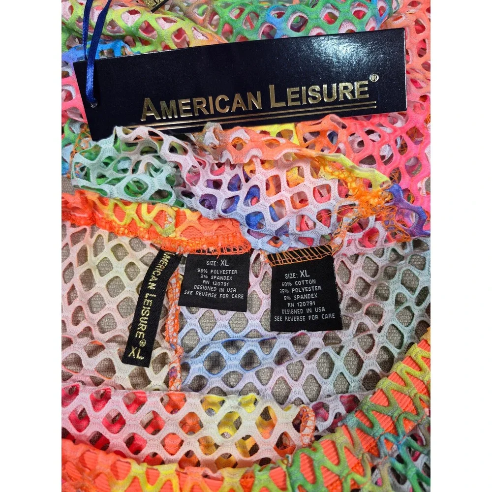 American Leisure Rainbow Tie Dye Mesh 2 Piece Set Crop Top Shorts XL New